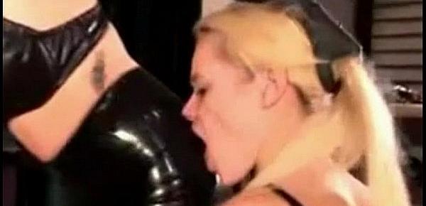  Blonde Girl In Skirt Tied Legs Licking Mistress Body Pussy In The Dungeon - short scene